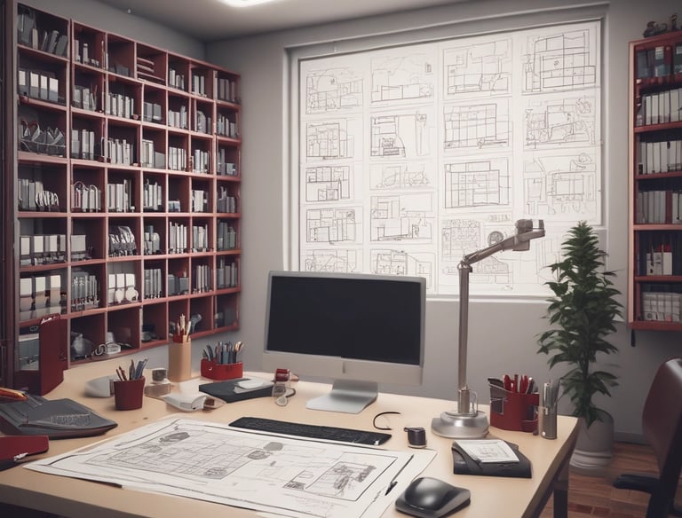 A clean, minimalist workspace with architectural blueprints and a laptop displaying technical drawings.