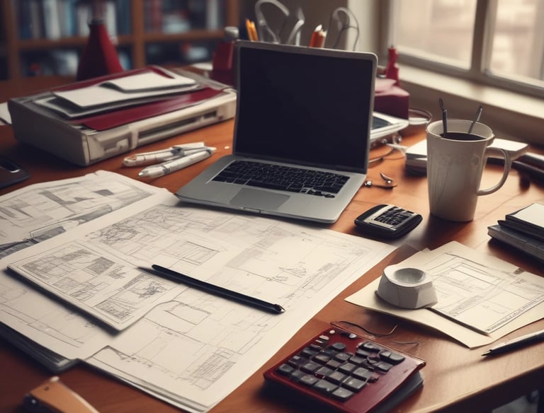 Close-up of hands consulting technical documents and a tablet with building schematics.