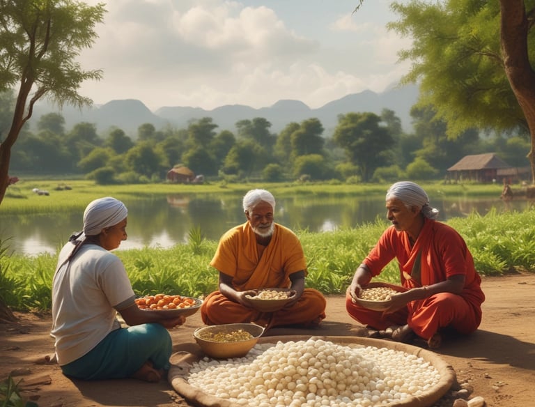 Close-up of farmers handpicking fresh makhana from a pond in Mithila at sunrise.
