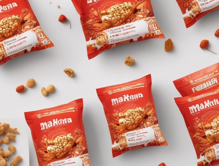 Roasted makhana snacks in vibrant red and orange packets on a clean white background.