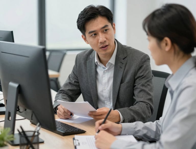 Professional advisor discussing investment options with a client in a modern office.