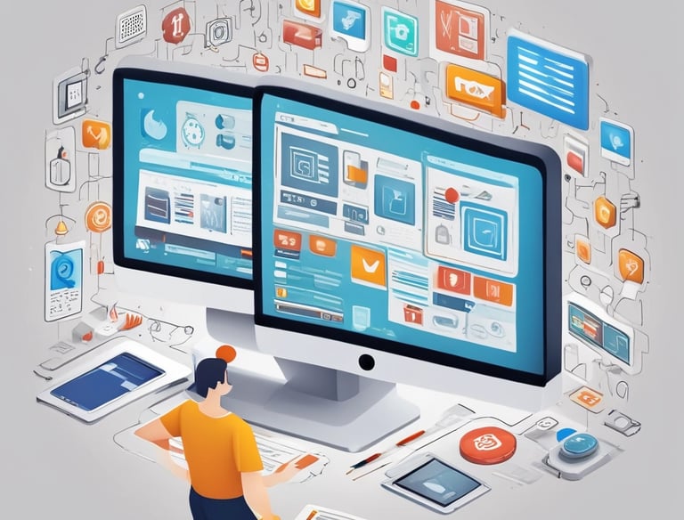 A developer coding a sleek business app on a laptop with teal and blue accents.