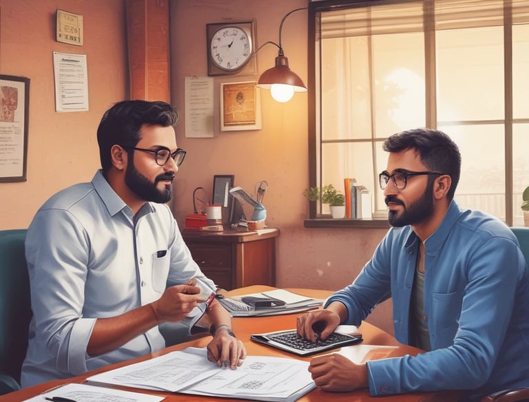 A professional consultant reviewing GST documents with a client in a modern office.