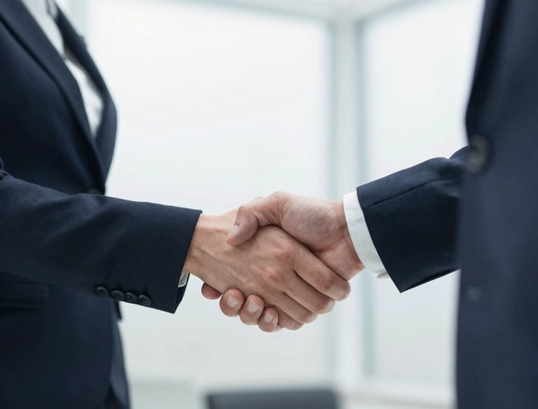 Close up of two professionals in suits shaking hands to seal a business deal or partnership.