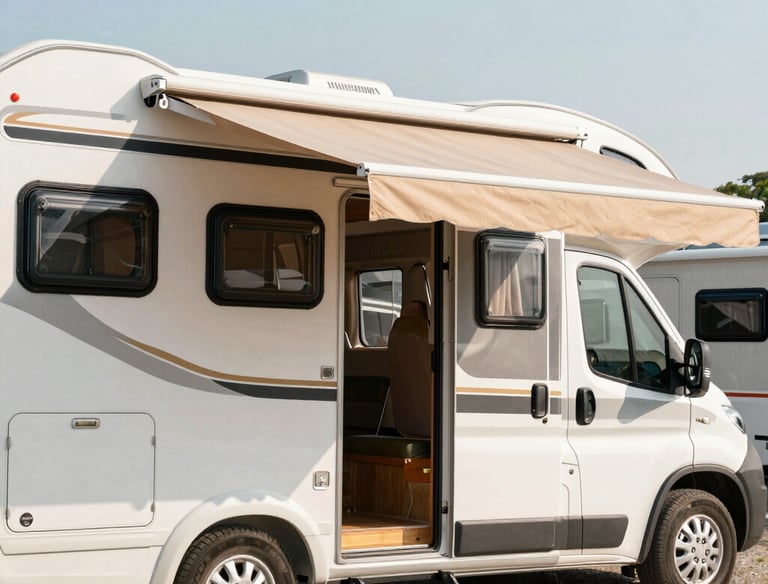 Close-up of a camper awning being extended on a sunny day.