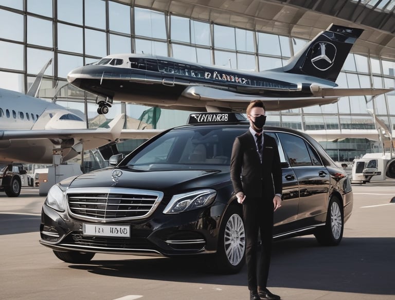 A sleek taxi car waiting outside an airport terminal at sunset.