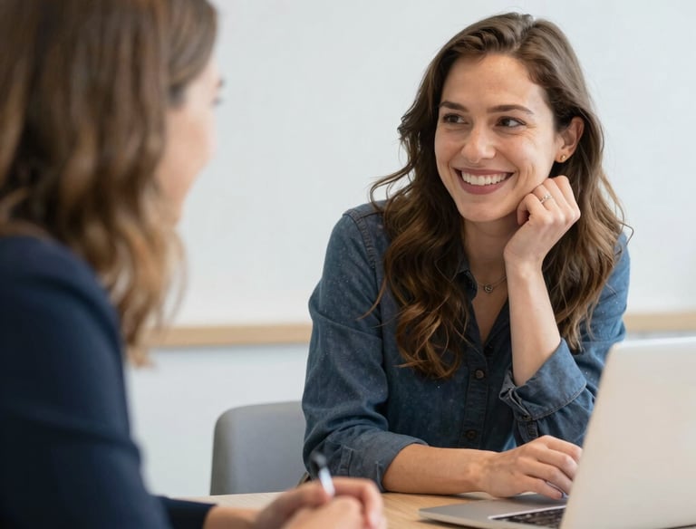 A warm meeting between a woman consultant and client, with notes and coffee on the table.