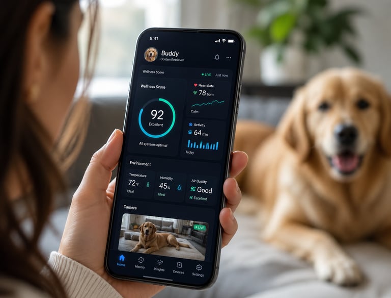 A person holding a smartphone displaying a pet health tracking app for their Golden Retriever.