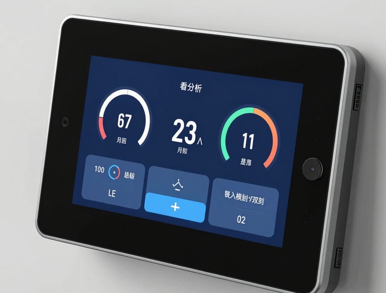 Smart home control panel with digital dashboard displaying temperature and energy usage data.