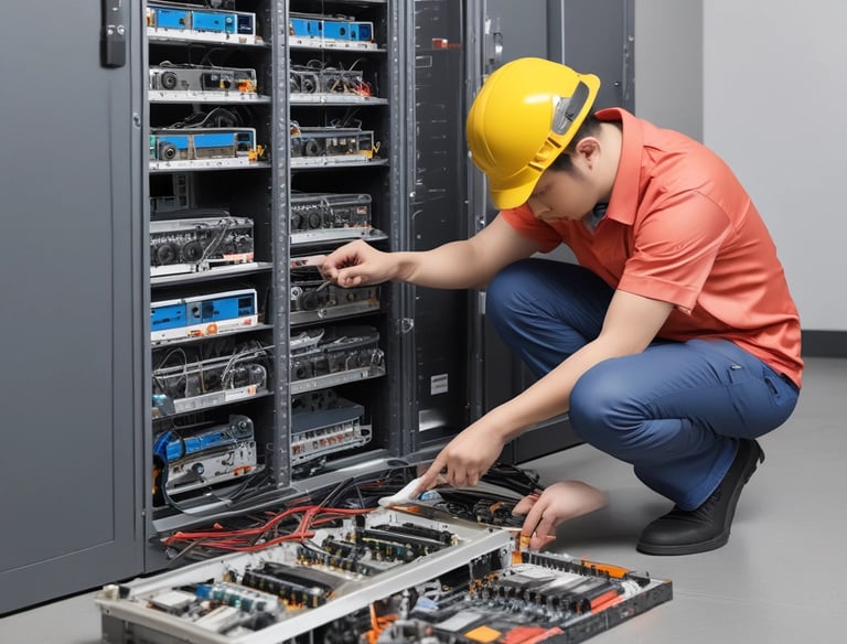 Technicians installing communication equipment in a modern office setting.