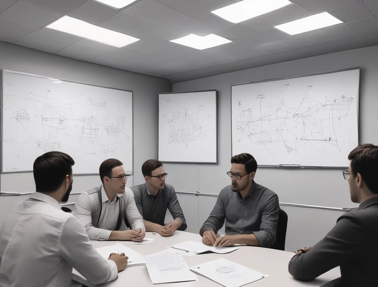 A professional team discussing communication strategies around a conference table.