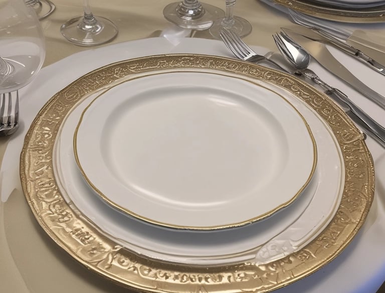 A long dining table is set for an evening event, adorned with elegant place settings, decorative floral centerpieces, and wine bottles. Soft, ambient lighting from candles creates a warm and inviting atmosphere.