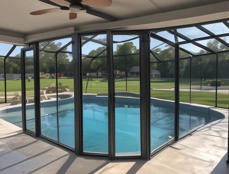 A swimming pool with green, murky water indicates algae growth, surrounded by a patio with a life buoy mounted on the fence.