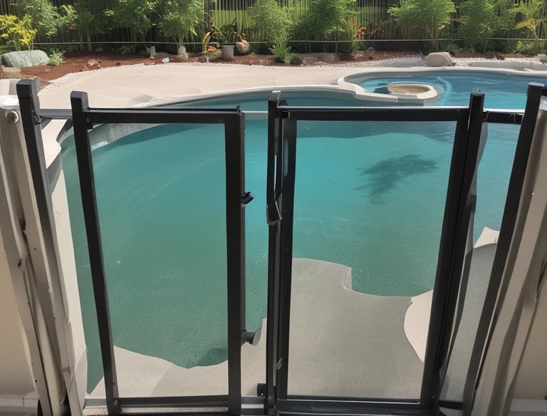 A person cleaning a swimming pool using a long pole, surrounded by patio furniture and large umbrellas on a sunny day. In the background, lush green trees and a blue sky are visible, creating a serene outdoor atmosphere.