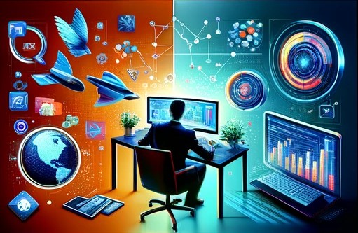 a man sitting at a desk with a laptop and a laptop