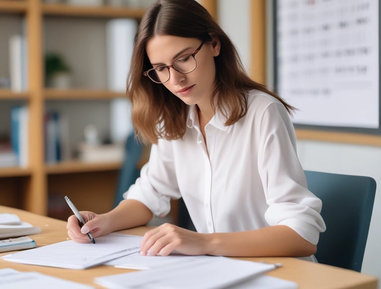 A person with their back to the camera is seated in a classroom, facing a blackboard filled with detailed chemical equations and diagrams. The room has wooden benches and desks, with large windows on one side allowing sunlight to illuminate the scene. There is a framed picture above the blackboard, and a stone-textured wall adds to the old-school ambiance.