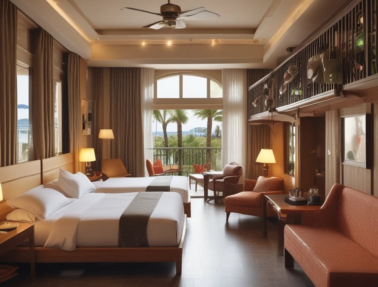 Three blue suitcases of varying sizes are arranged against a textured orange wall. The suitcases have black handles and orange wheels. A straw hat rests on the largest suitcase. Woven and wicker decorative elements are seen in the background, suggesting a travel or holiday theme.