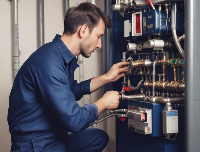 An intricate network of blue pipes and valves is mounted against a tiled wall. Numerous pressure gauges are attached at intervals, providing a detailed and complex arrangement. Each pipe is carefully connected, and there are various fittings and connections visible.