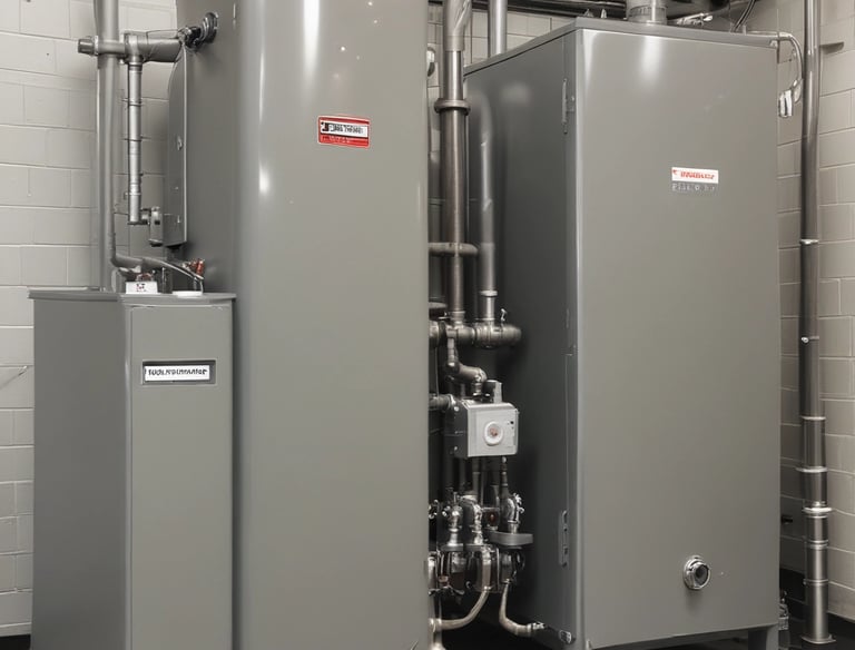 A complex system of pipes and valves with several pressure gauges and a red pump. The setup includes white pipes with red and blue markers, metallic connectors, and a panel with temperature indicators.