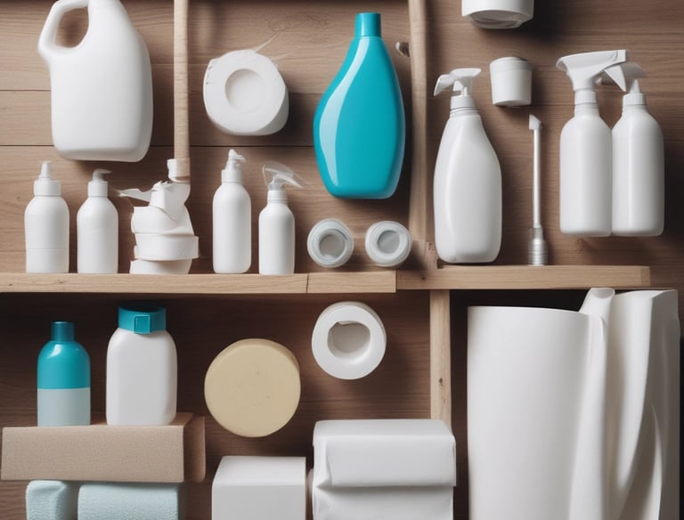 A set of cleaning products is arranged on a light-colored marble surface. The items include two metal spray bottles, a small glass bottle with a liquid, a natural bristle brush, and a cloth with dark stripes. Sunlight filters through leaves, casting dappled shadows on the surface.