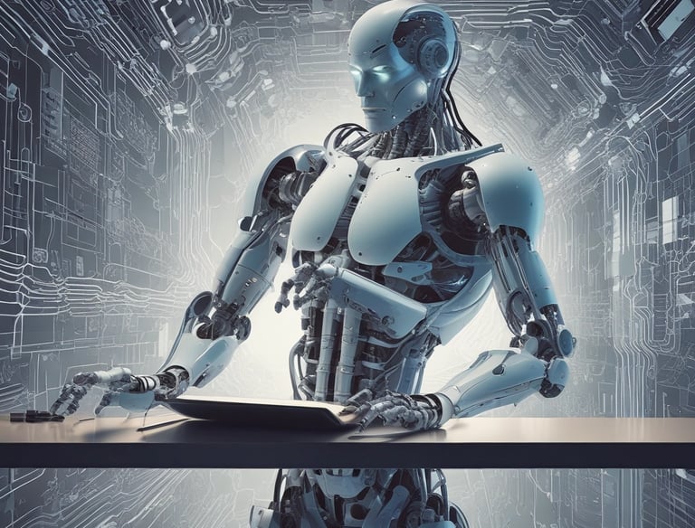 A person is typing on a silver laptop with a screen displaying text about designing digital solutions for big customers. Nearby, there is a black smartphone and white earphones placed on the desk. The person's sleeves are light blue, suggesting a casual attire.