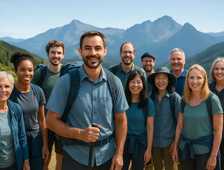 groupe de voyageurs souriants en montagne pendant les vacances