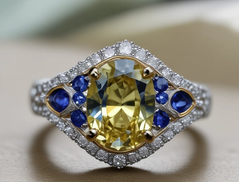 A luxurious gemstone necklace is displayed on a dark, elegant pedestal. The central gemstone is a deep, captivating blue, surrounded by smaller sparkling diamonds that enhance its brilliance. The spotlight enhances the sparkling effect, drawing attention to the intricate details and design.