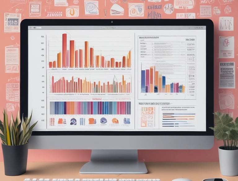 A workspace featuring a whiteboard with a social media content schedule, organized by day and platform, using sticky notes in varying colors. A wooden table holds an open laptop displaying a social media management application, alongside pens and small circular items.