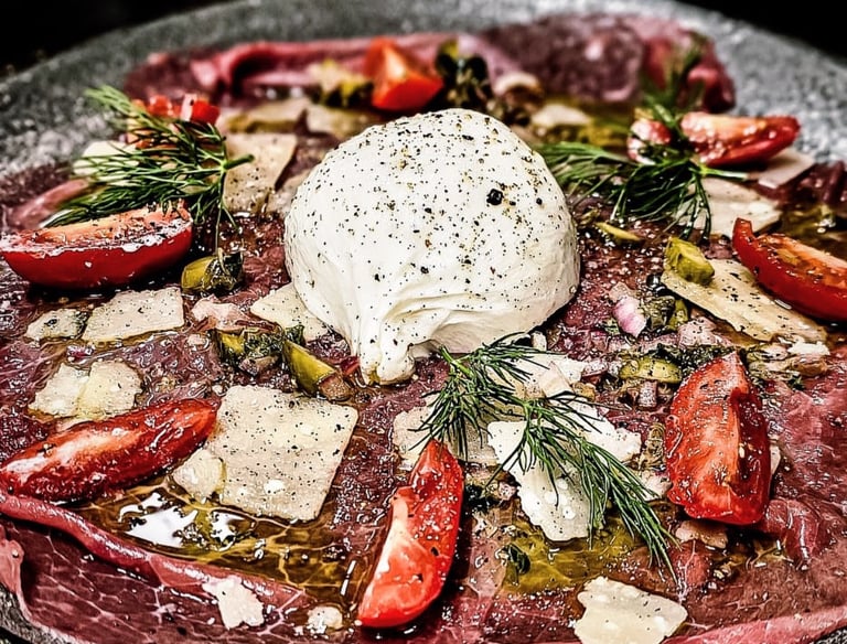 a plate with cheese and tomatoes on a plate