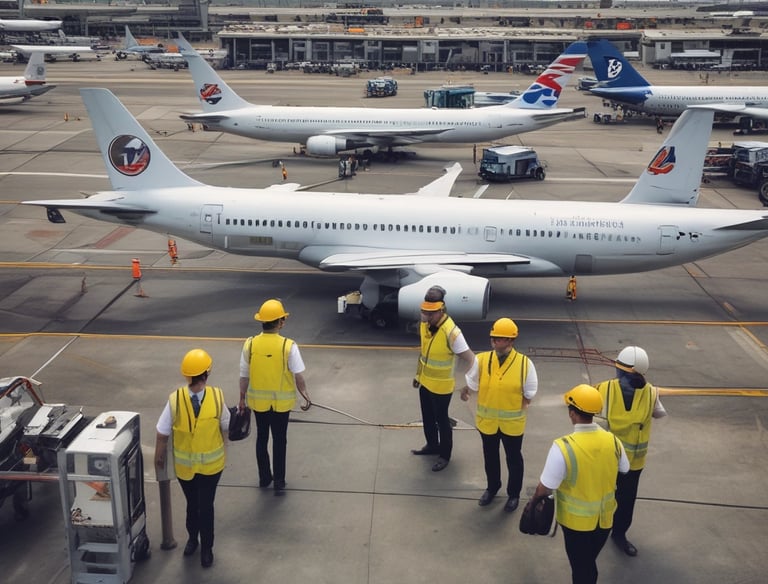 Workers repair tarmac near airplane at night