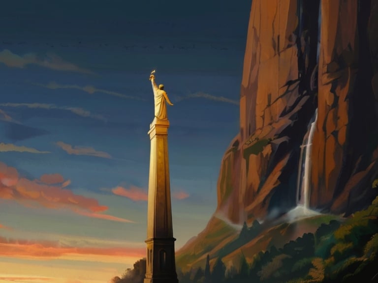 Une statue mormone trône à coté de rochers et d'une chute d'eau