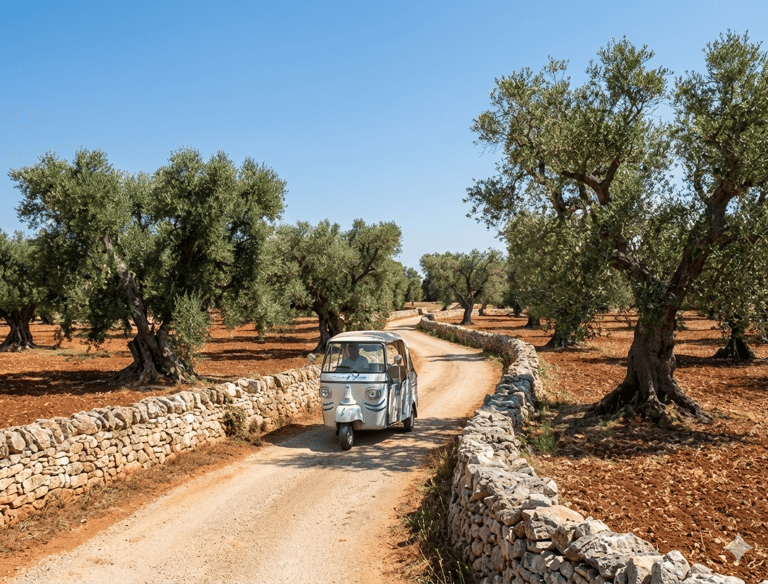 ape calessino and puglia country side road