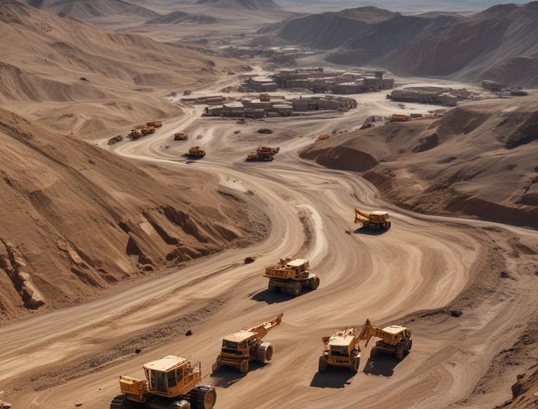 A massive industrial machine used for mining operations, featuring large treads for movement and a giant rotating wheel for excavation. The background shows an open-pit mining environment with exposed rock and soil.