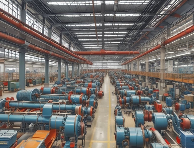 A large ship is docked at a busy industrial port. The scene includes various cranes and cables, with workers attending to the ship. The ship appears to be undergoing maintenance or loading. Several masts and smokestacks are visible, and the area is filled with mechanical infrastructure.