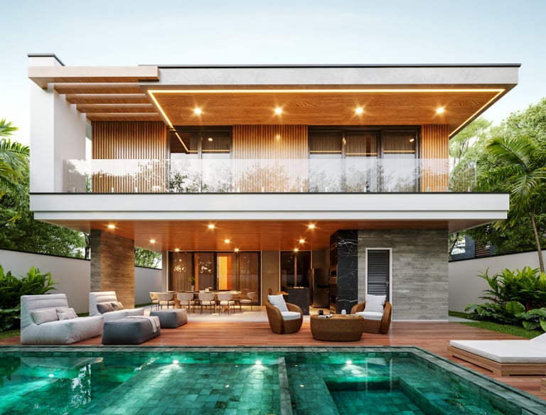 a large house with a pool and a lounge area
