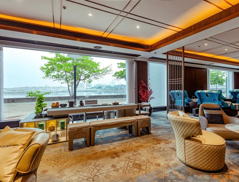 a large room with a couch and chairs