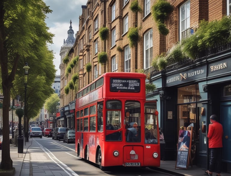 red double-decker bus passing Palace of Westminster, London during daytime