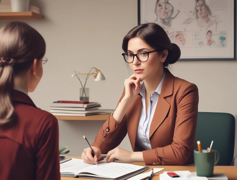 A person with long hair is sitting on a stool in a dark room, reading a document titled 'Action and Recovery'. The room features a circular light or projection on the floor and several cushioned stools scattered around.