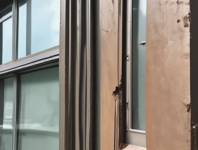 Two adjacent windows are set into a weathered, deteriorating wall. The left window is framed by fading yellow stucco, with visible cracks and exposed bricks. The right window is surrounded by peeling grey plaster, revealing the red bricks beneath. Both windows are barred with metal grids.