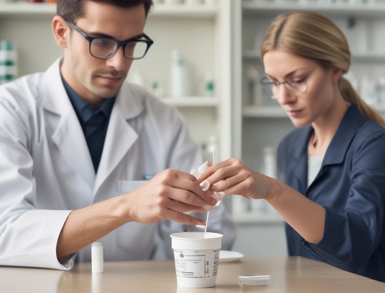 A healthcare professional wearing a surgical mask, disposable gloves, and a hairnet closely examines a vial of liquid. The background is blurred with blue and white tones, suggesting a clinical environment.