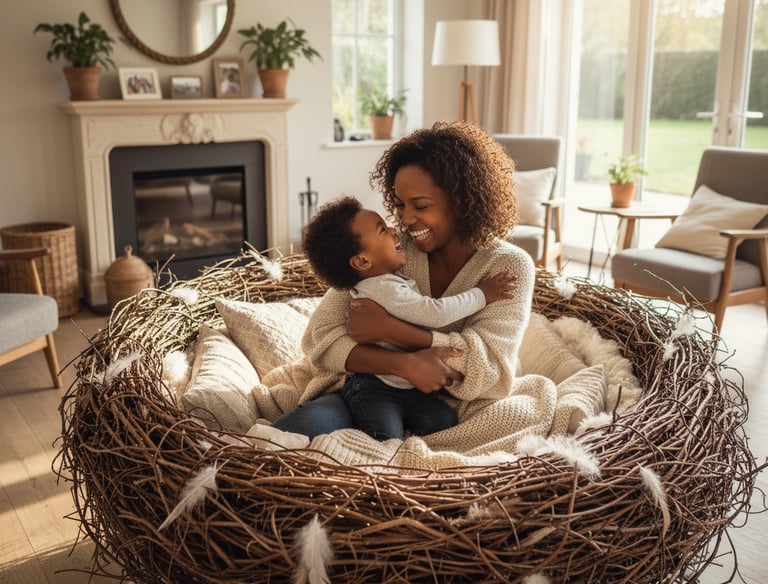 a woman and her son are sitting in a nestle