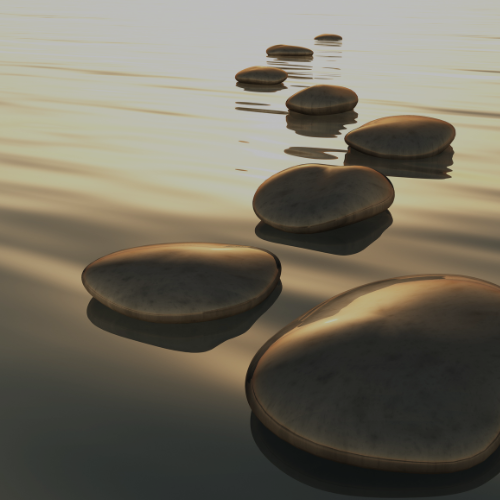 a group of stones with a line of stepping stones