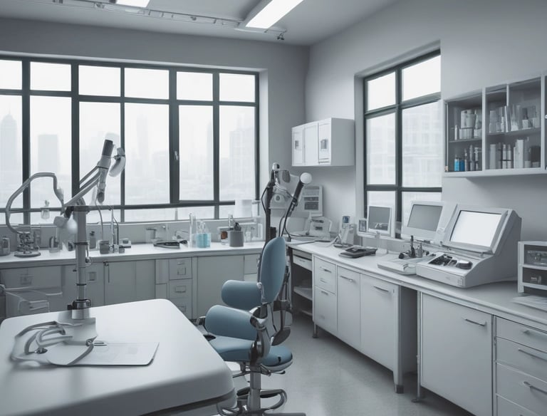 A person wearing a smartwatch writes on a notepad while using a tablet that displays medical images. A stethoscope is positioned close by on a white desk, suggesting a medical setting.