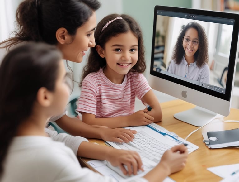 A young girl is seated on a medical examination table, receiving a small bandage on her arm from a healthcare provider. She is wearing a white shirt and has a pink bow in her hair. The provider is wearing bracelets and a blue shirt. The setting is a clinical room with wooden doors.