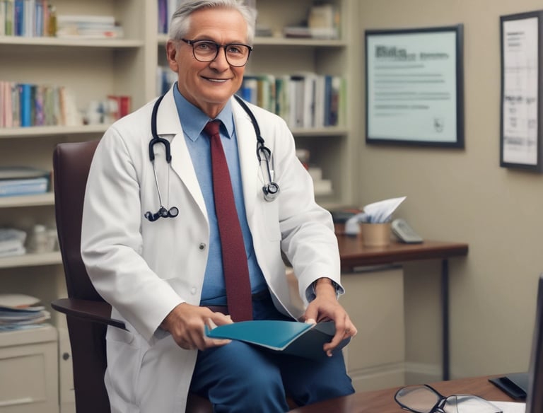 A modern building facade with large glass windows, prominently displaying signage for a medical center in bold blue and red colors against a sleek grey exterior.