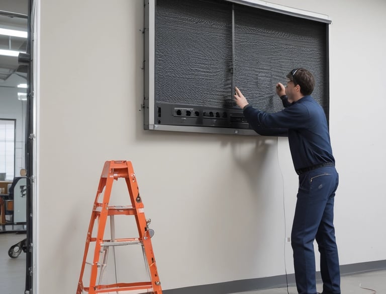A person is standing in front of a projected screen, holding a color guide with several shades, while appearing to interact with the projected content. The screen displays various design elements, including text and color samples. The lighting creates a noticeable shadow of the person on the screen.