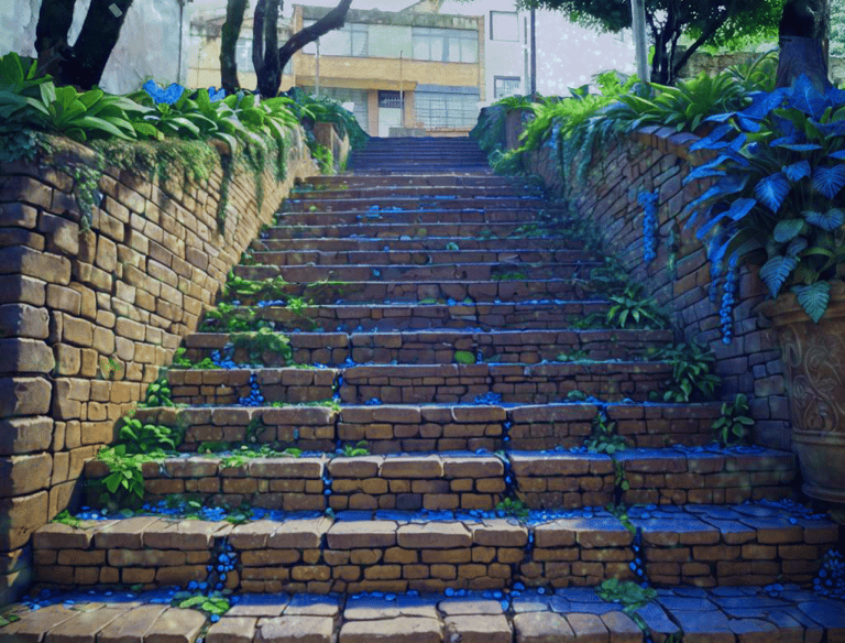 Imagen generada con IA que muestra una escalera que conduce a una pared de ladrillos.