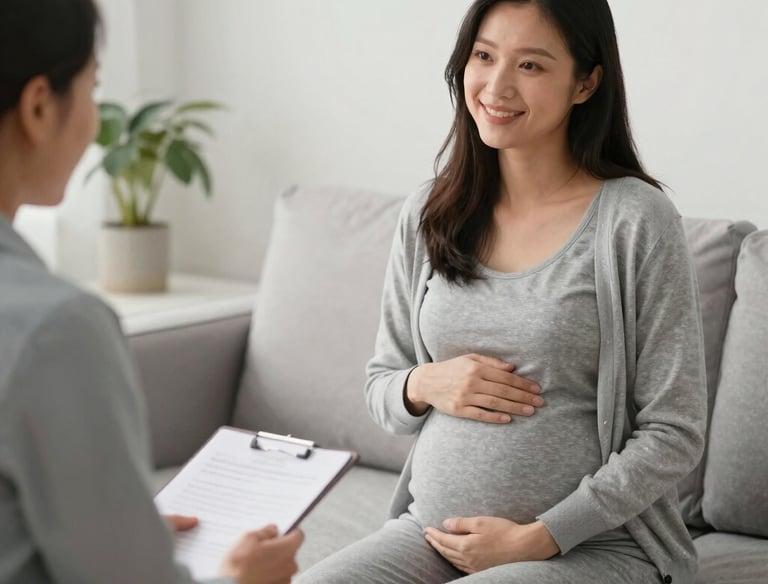 A warm, comforting scene of a counselor speaking gently with a hopeful family in a cozy office.