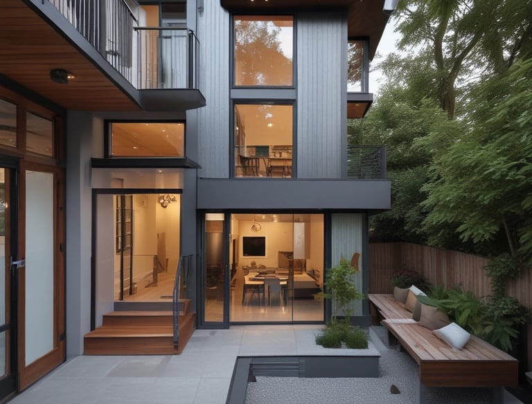A residential building with a modern architectural design, featuring white walls and large windows. Trees with sparse foliage are in the foreground, and the scene is illuminated by warm, soft lighting, suggesting late afternoon or early evening.
