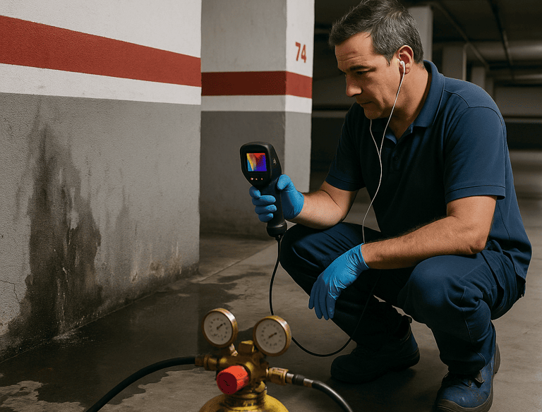 Trabajador de El Fontanero de Sevilla con una cámara termográfica para localizar fuga en Nervión.